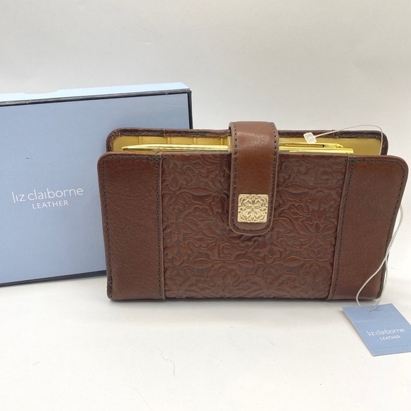 Vintage Liz Claiborne Embossed Tooled Leather Brown Bifold Wallet With Pen NIB